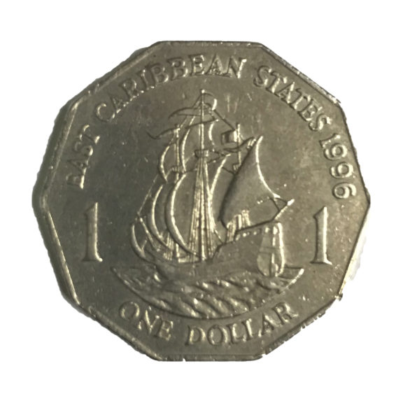 Coin with a ship, and text that says 'East Caribbean States 1996 One Dollar' engraved on it.