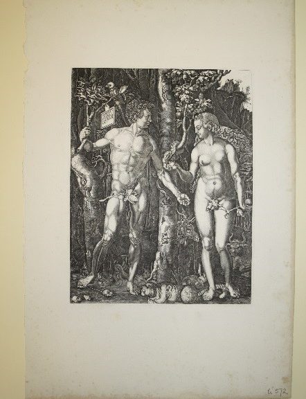 Adam and eve (male and female character) looking at each other, stood surrounded by trees.