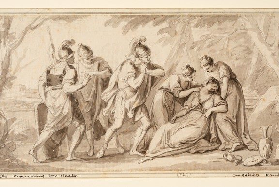 Roman scene with lady fainting with her lady's in waiting tending to her. Roman soldiers also watching as this happens.