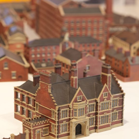 Close up photo of mill model. Replica of Horrocks mill made in great detail.