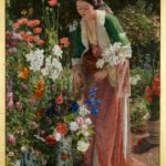 Well dressed Lady in garden tending to an array of flowers