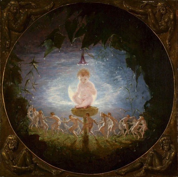 Oil painting of baby in centre surrounded by foliage and trees, with small people dancing in a circle underneath him.