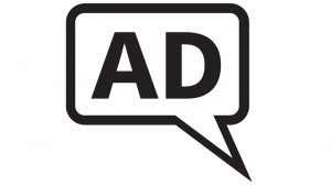 Black speech bubble with the letters 'AD' inside it.