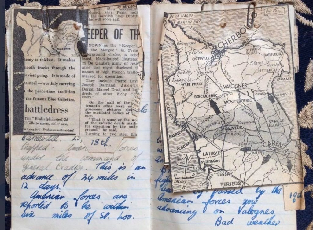 Cup up maps stuck into a diary with handwritten messages written in blue fountain pen. 