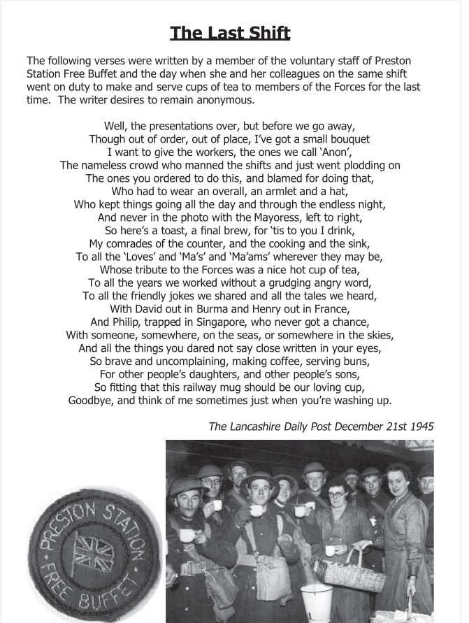 A poem titled 'The last day' with a photo of soldiers underneath stood drinking tea. Another photo of a badge that says 'Preston Station Free Buffet with a great British flag in the middle of the badge. '