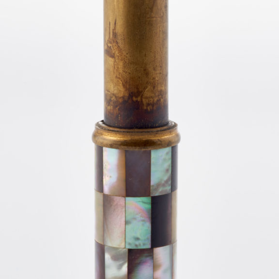Long thin scent bottle made of metal and mother of pearl inlay