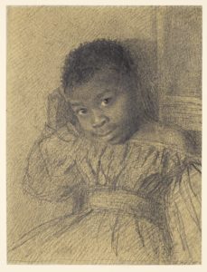 pencil drawing of small black girl looking towards you with a slight smile.