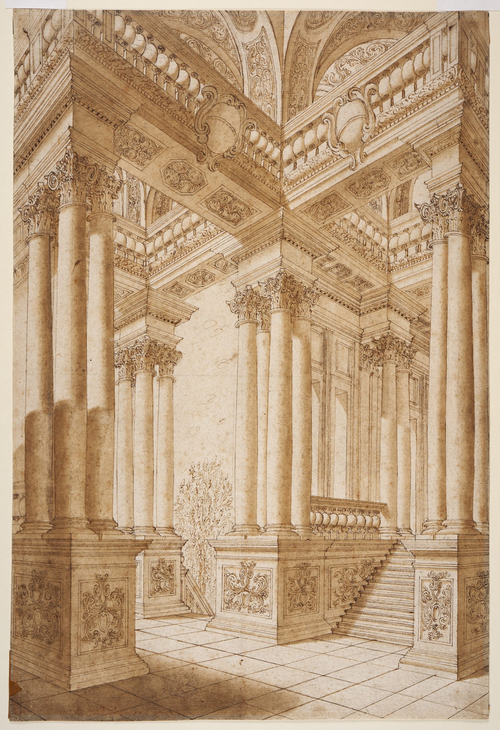 Intricate drawing of the inside of a building. Lots of pillars and and a grand staircase. There are high ceilings with ornate detail and coving. 