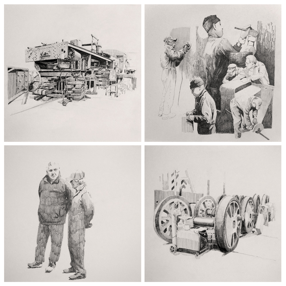 4 sketches. two of people and 2 of machinery in black ink