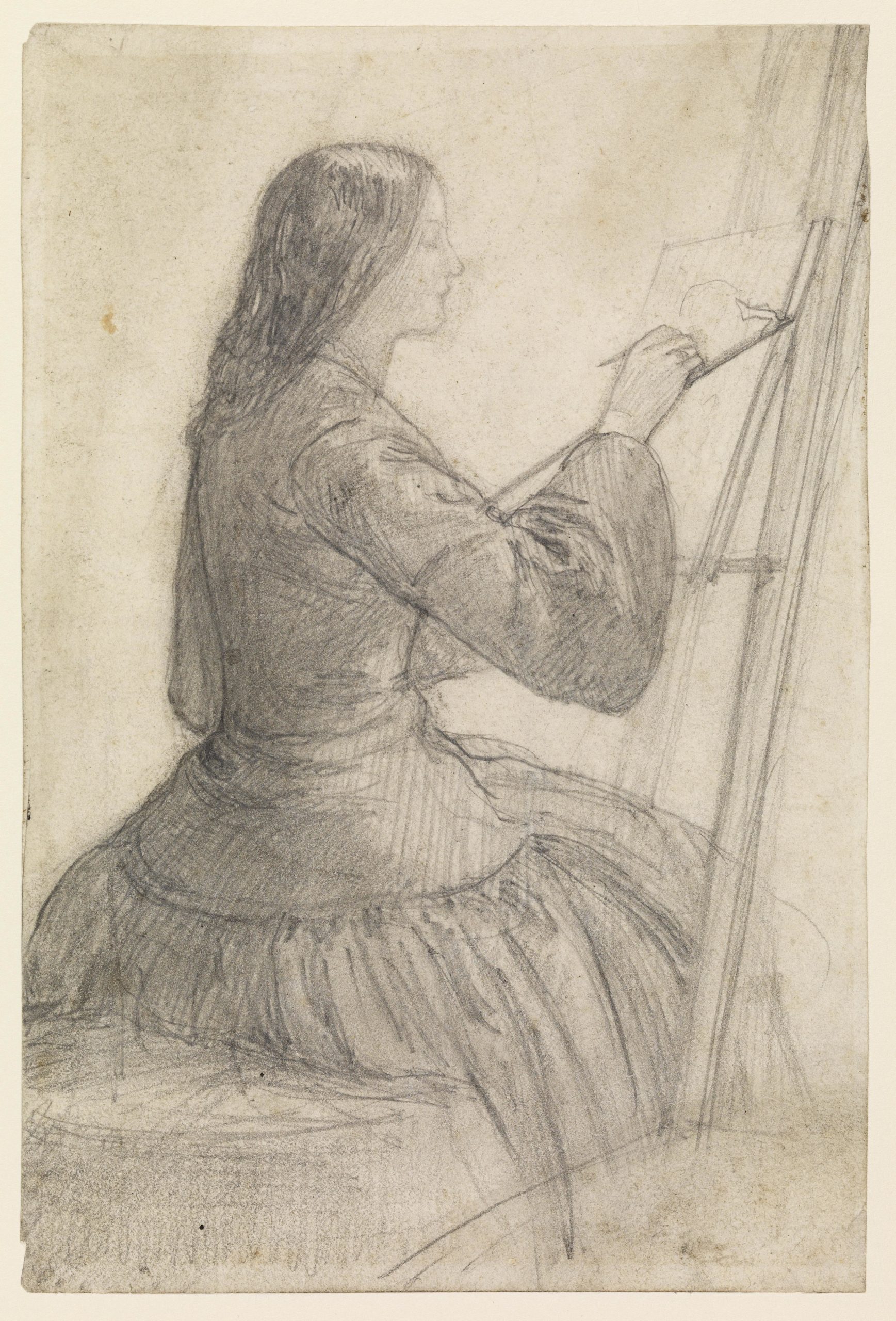 pencil sketch of a lady sat painting on a canvas on an easel