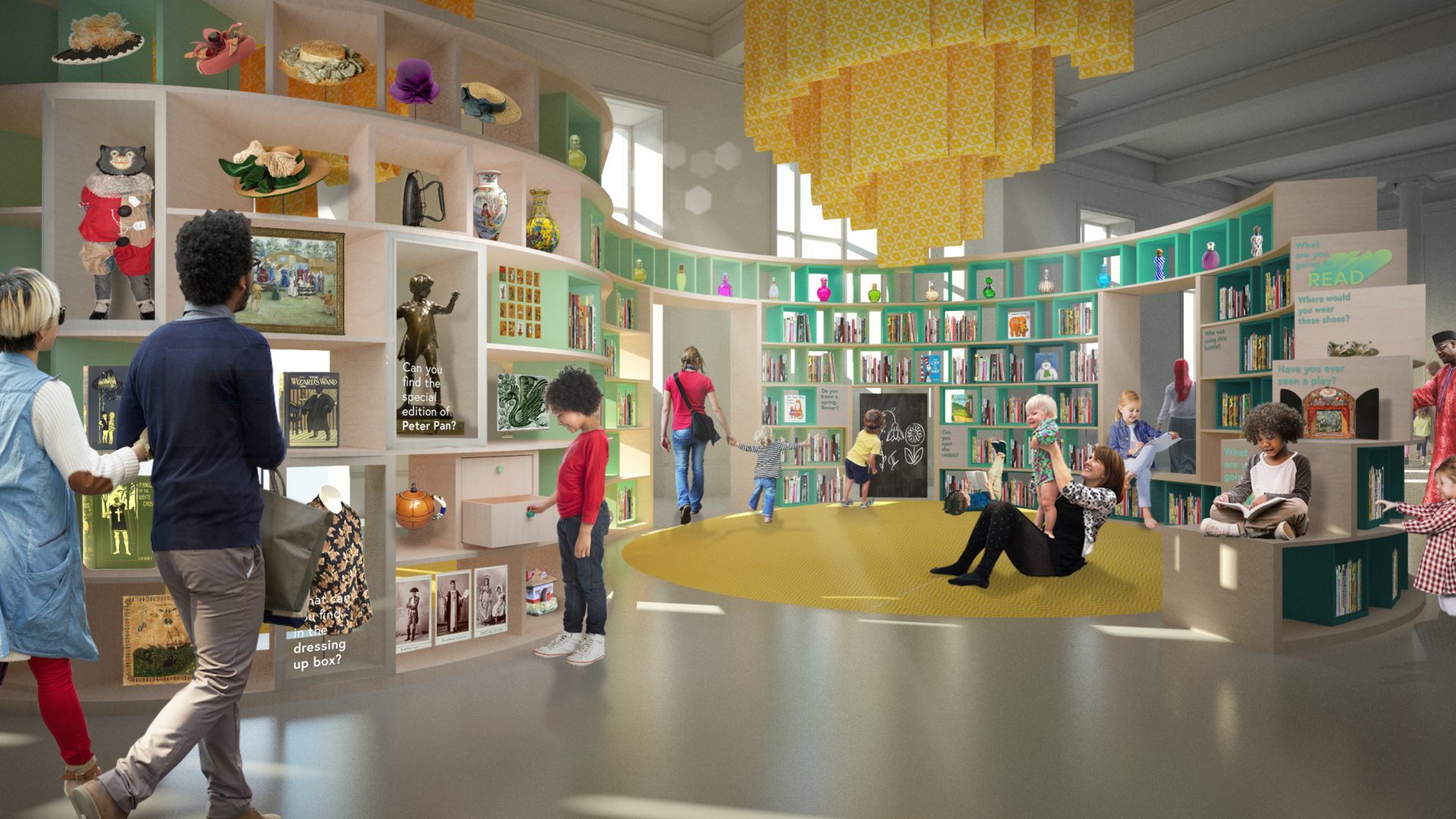 computer generated image of the proposed designs for the Children's library. A colourful space with visitors walking around enjoying the space, looking at artefacts and sitting reading books.