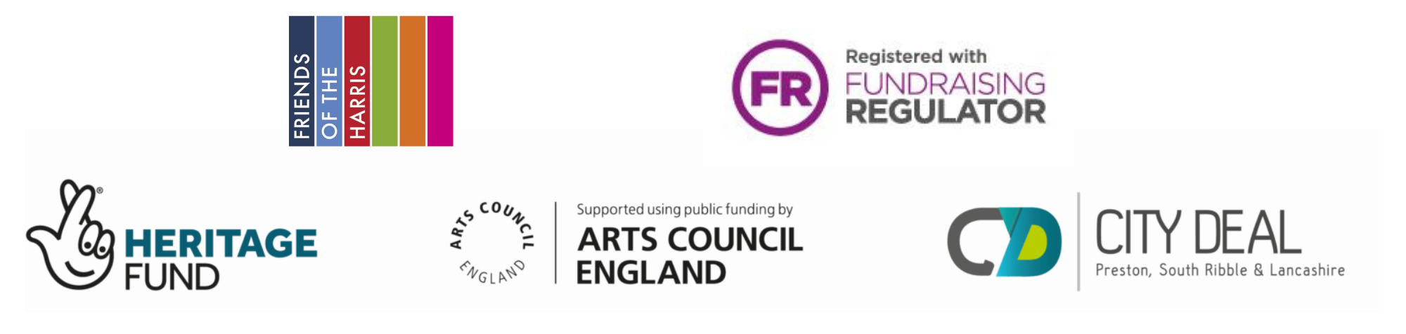 Friends of the Harris Logo, Fundraising Regulator Logo, Heritage Fund Logo, Arts Council England Logo, City Deal Logo