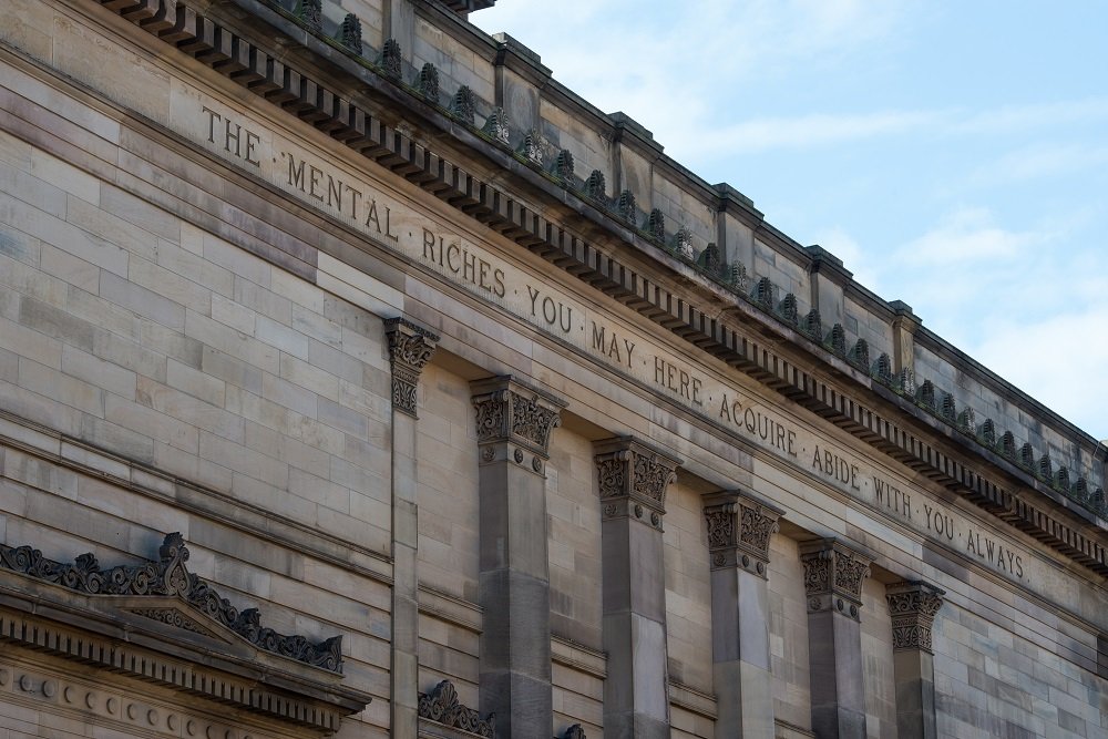 Exterior of the Harris showing inscription on stonework