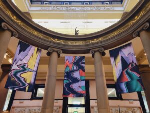 Banner artworks on display in the Harris rotunda