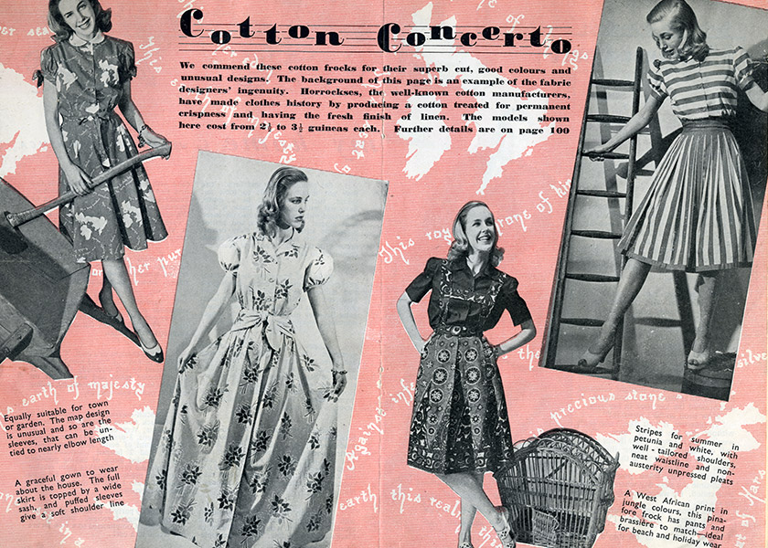 An image of a collage of five black and white vintage images of ladies wearing Horrockses fashions from the 1950's.