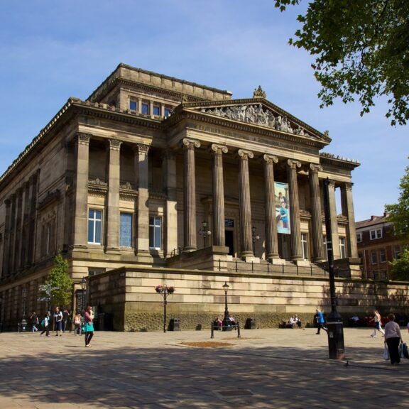 Harris exterior building and the flag market below