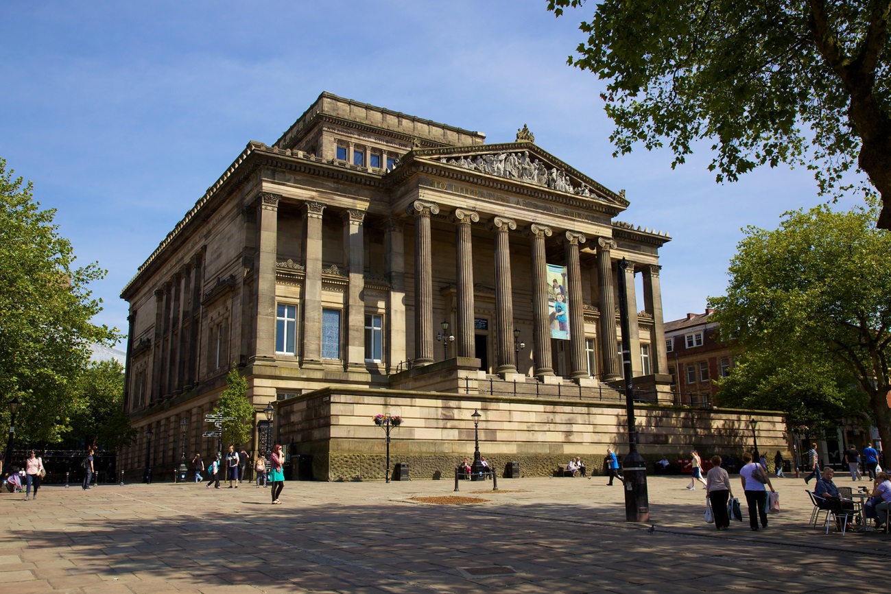 Harris exterior building and the flag market below