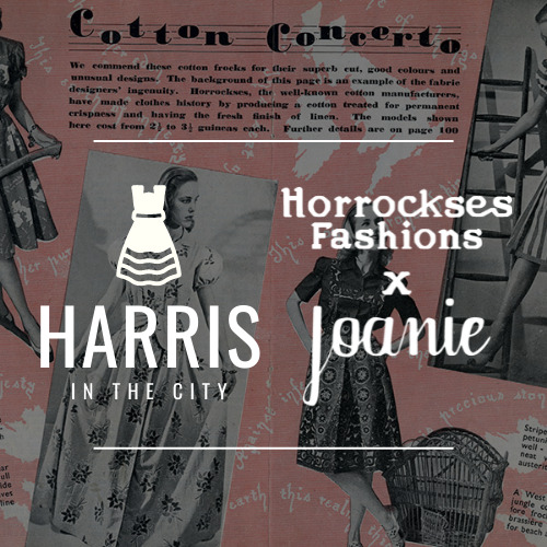 An image of a collage of five black and white vintage images of ladies wearing Horrockses fashions from the 1950's.