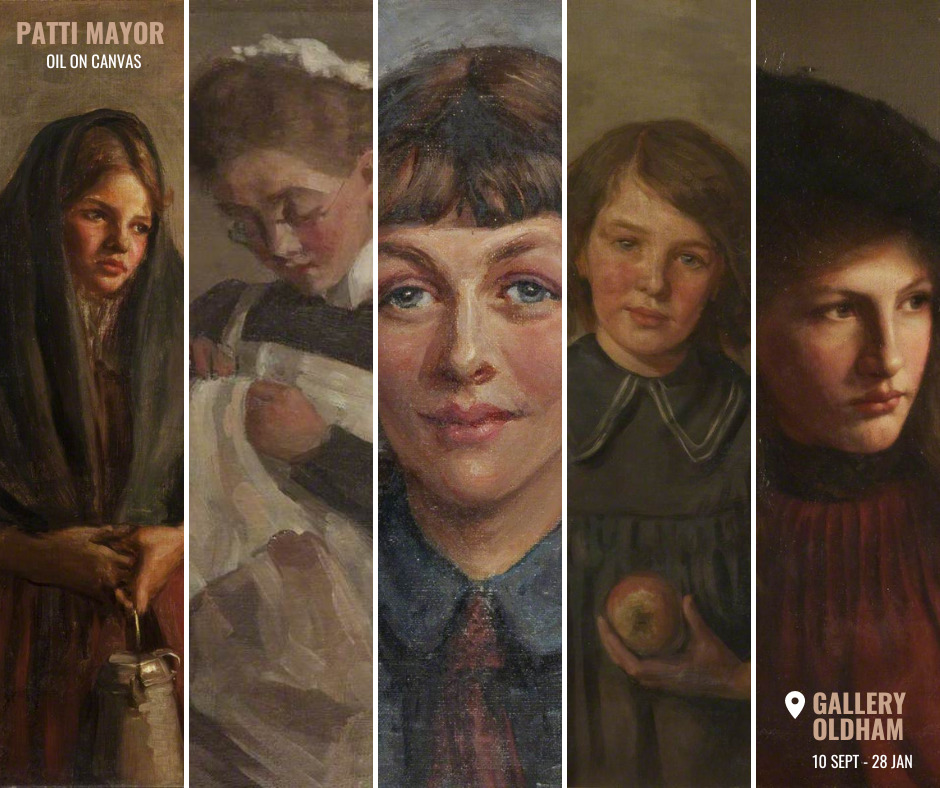 An image collage of five Patti Mayor paintings from the Harris collection: The half timer, The sewing maid, Miss Mary Martin, Portrait of girl with apple and Portrait of a girl in cap.