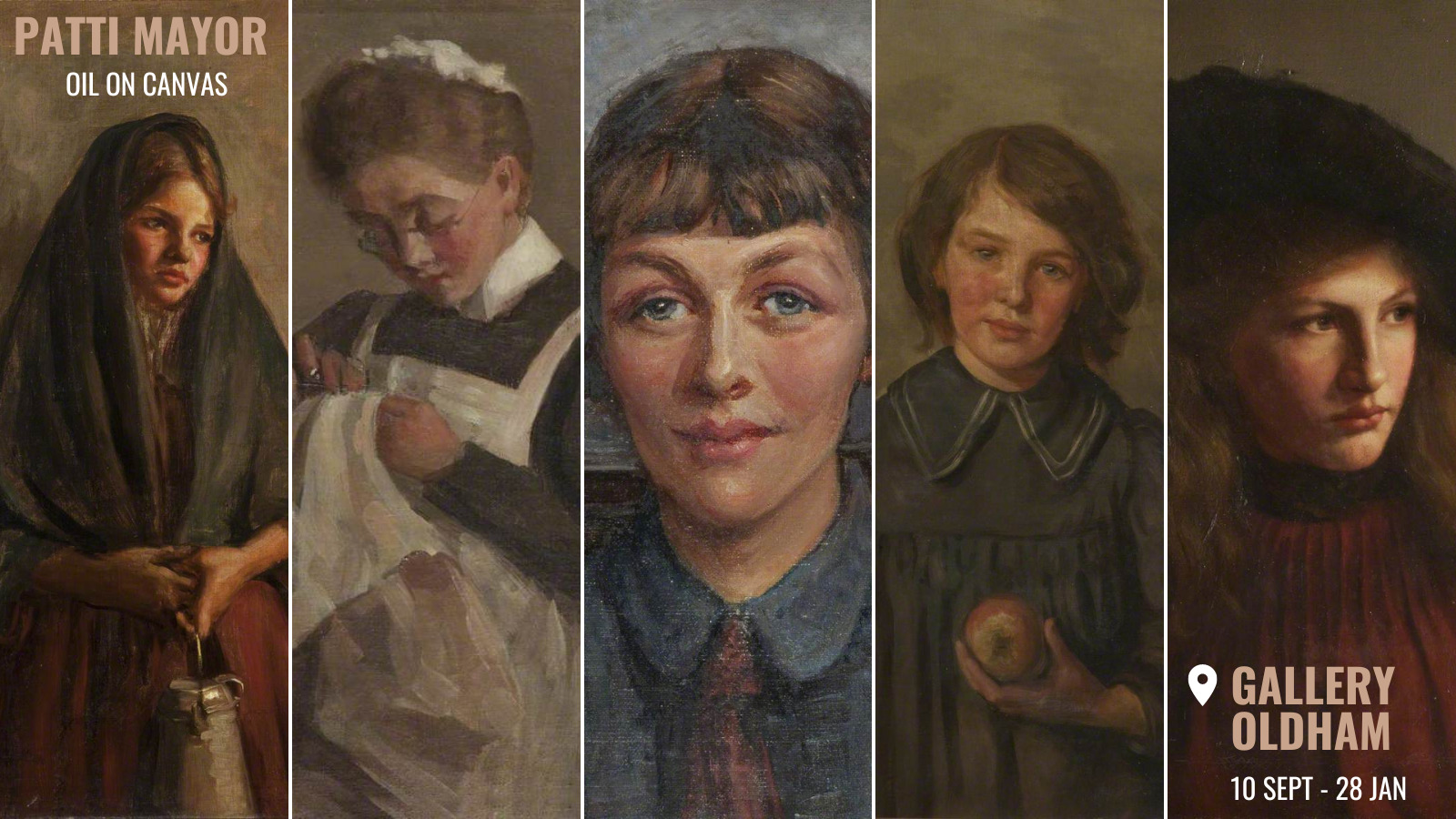 An image collage of five Patti Mayor paintings from the Harris collection: The half timer, The sewing maid, Miss Mary Martin, Portrait of girl with apple and Portrait of a girl in cap.