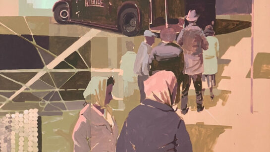 Close up of the “The links of the chain are of equal strength” mural featuring a line of people waiting for the bus