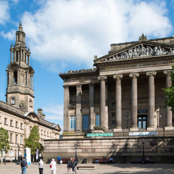 Harris exterior building and the flag market below