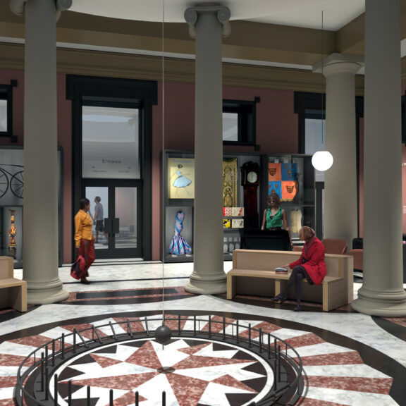 Image of the Harris Ground Floor Rotunda with a variety of people exploring the new space. surrounding the Harris Pendulum
