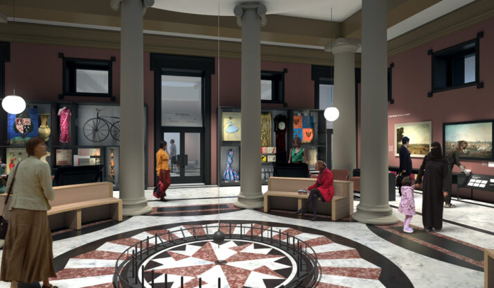Image of the Harris Ground Floor Rotunda with a variety of people exploring the new space. surrounding the Harris Pendulum