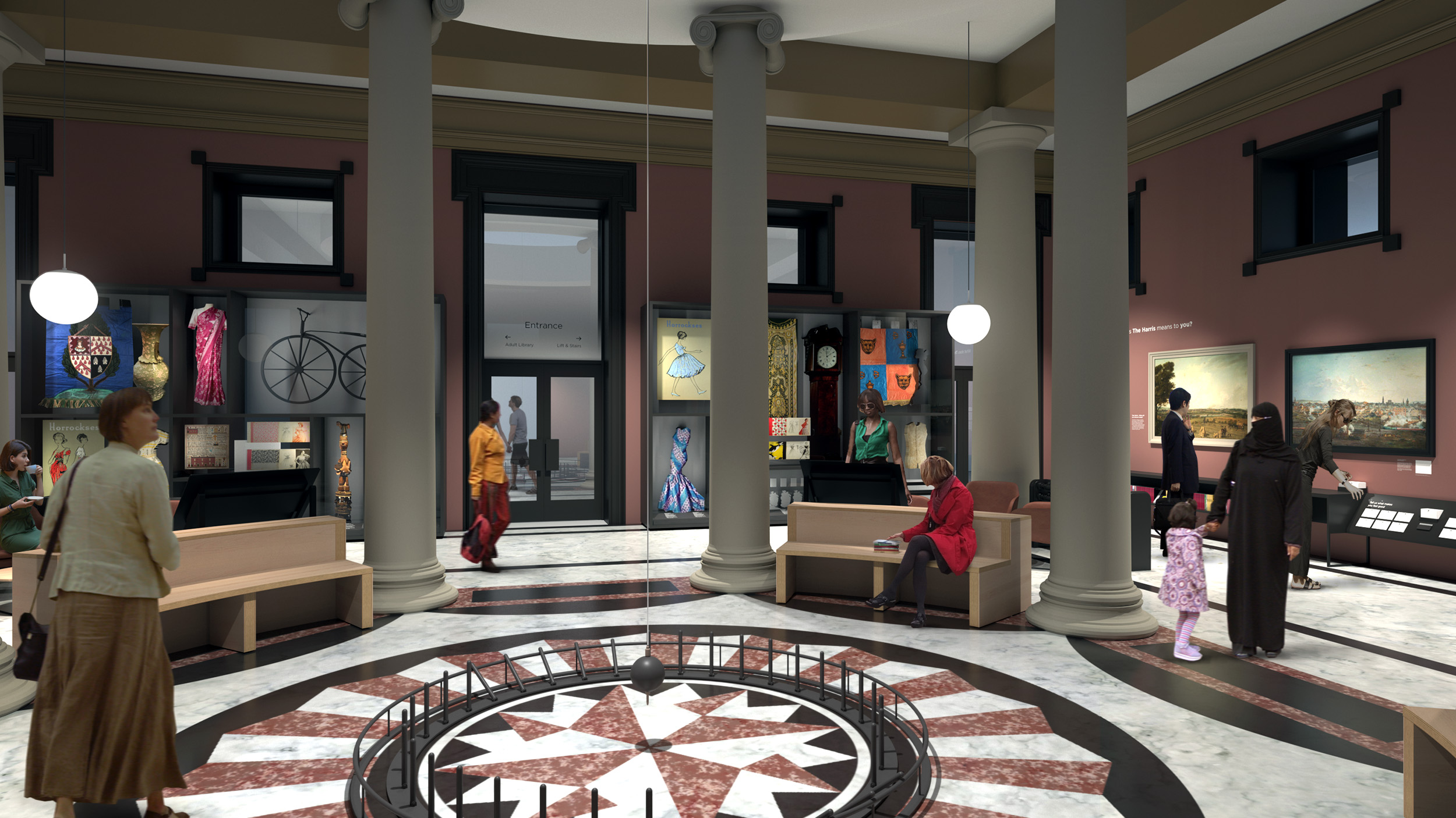Image of the Harris Ground Floor Rotunda with a variety of people exploring the new space. surrounding the Harris Pendulum