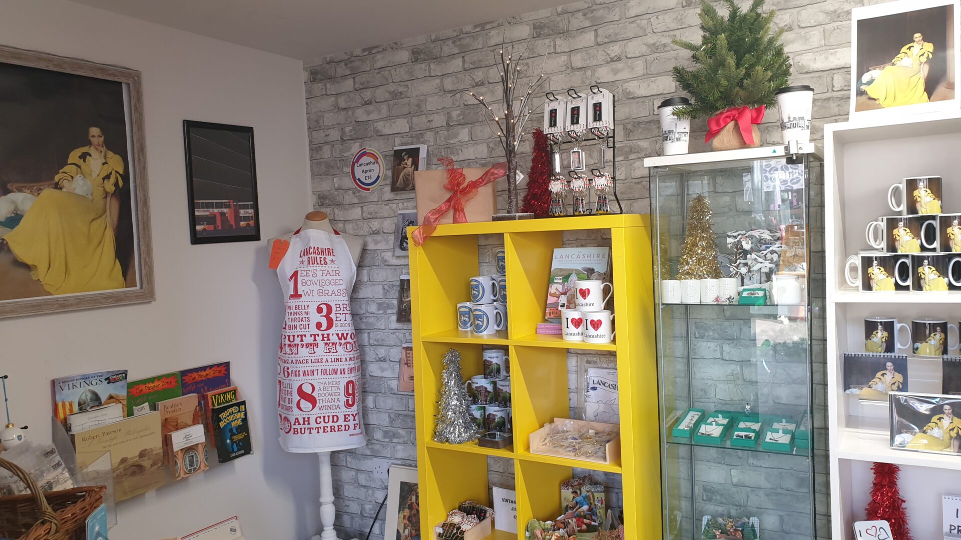 Image of the Harris pop-up shop with items such as notepads and posters