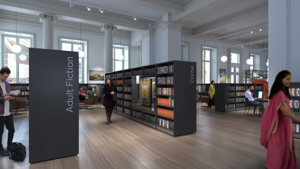 Rendered planning image of the Harris’ new Adult Library space, featuring black bookcases with an array of colourful books with artwork incorporated between the shelves. The themes ‘Adult Fiction’ and ‘Crime’ can be seen on the ends of the bookcases.