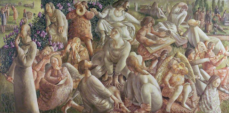 Christ, seated at the top, is trying to organise his rather chaotic disciples and angels. Around them people stretch and yawn as they rise from their graves.