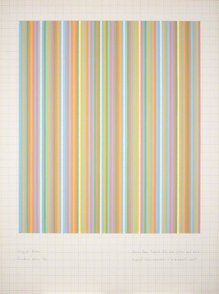 Drawing and watercolour of pastel coloured thin vertical lines.