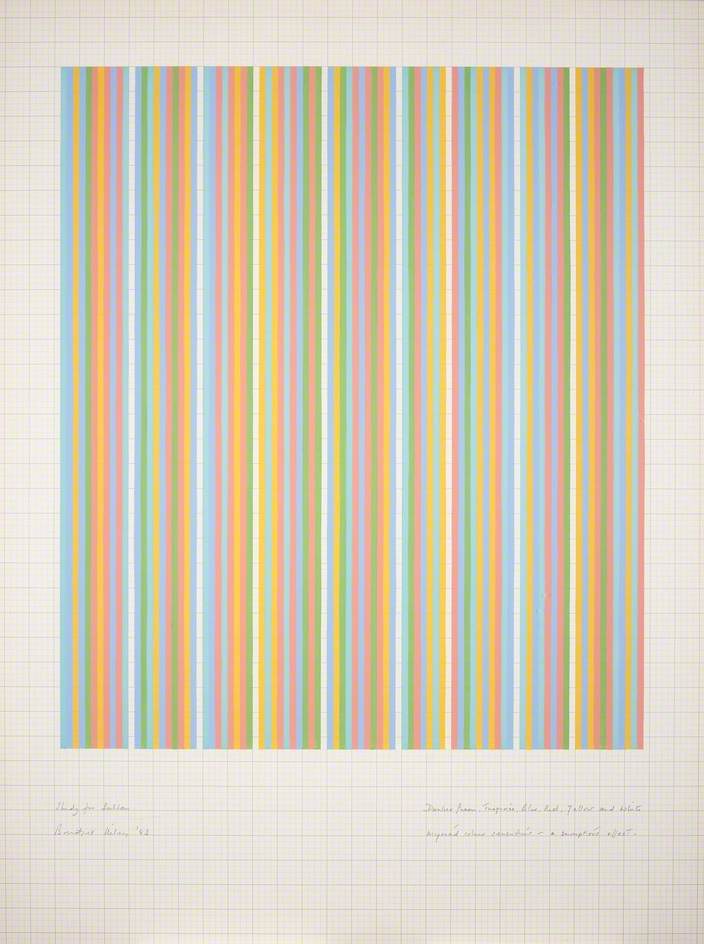 Drawing and watercolour of pastel coloured thin vertical lines.