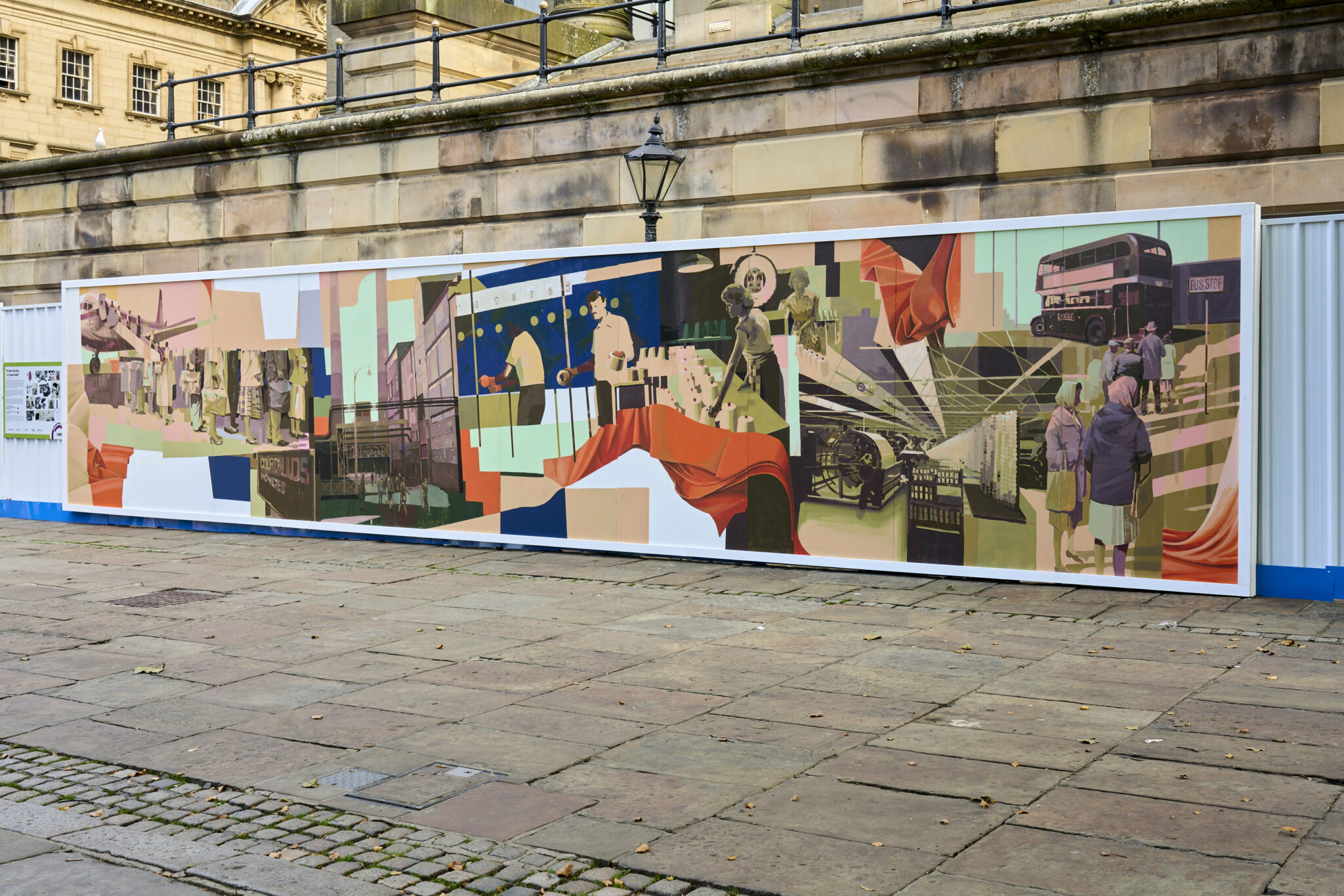 Close up of the “The links of the chain are of equal strength” mural featuring a line of people waiting for the bus