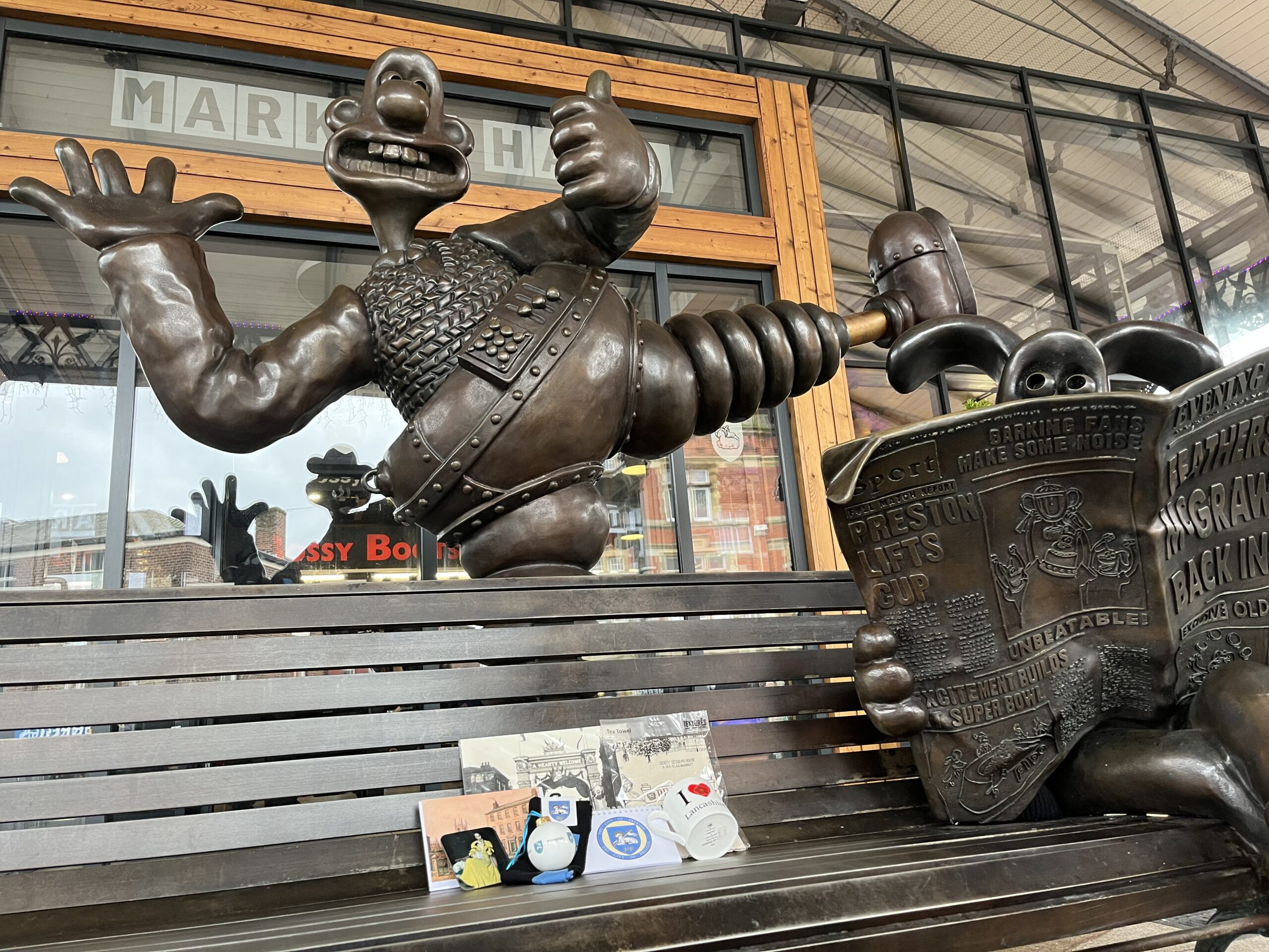 Image taken on the Wallace and Gromit bench with a selection of shop stock visible.