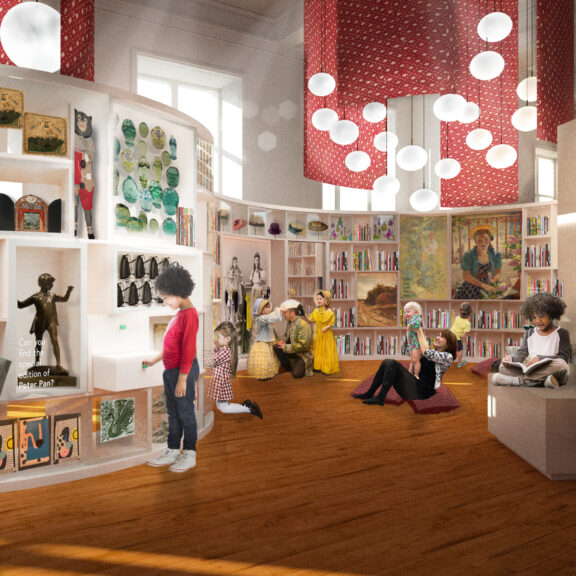 Rendered image of the new Harris Family Library with kids and parents interacting with the space.