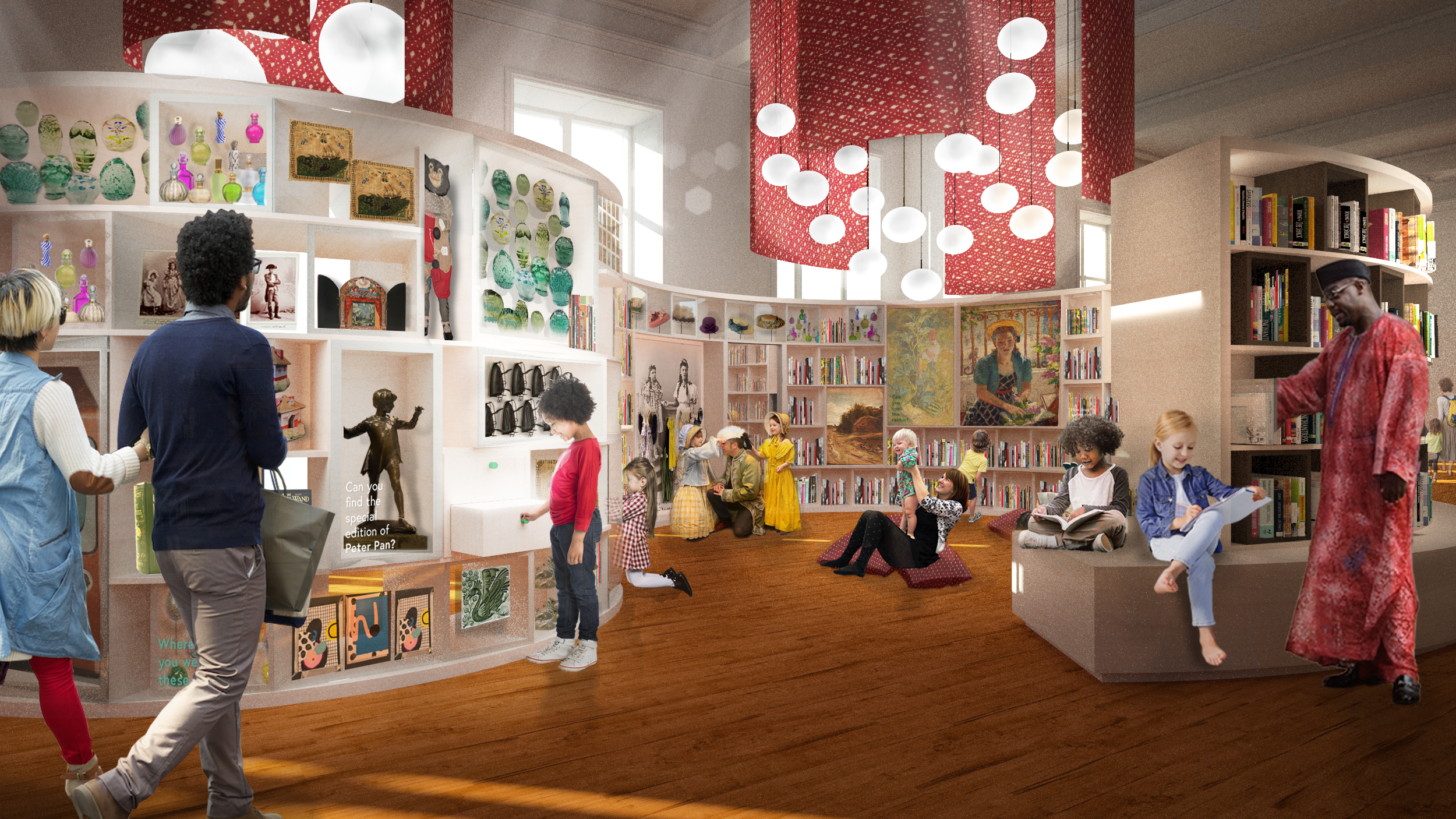 Rendered image of the new Harris Family Library with kids and parents interacting with the space.