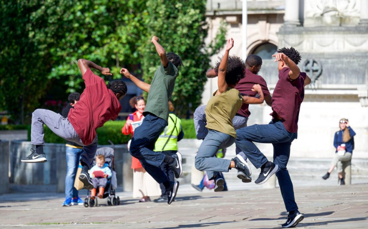 Picture of Born to Protest dancers at Lancashire Encounter Festival, dancing at Preston's Flag Market