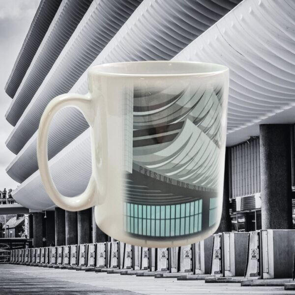 A white mug with an illustration of Preston bus station.
