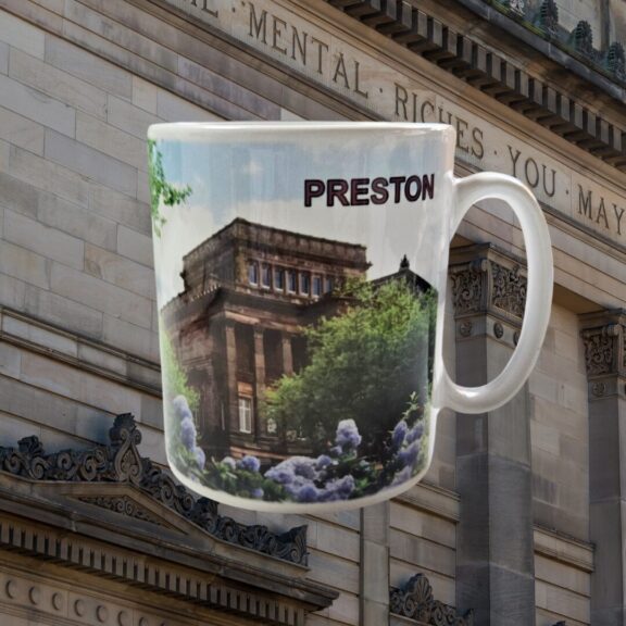 A mug featuring a picture of the Harris.