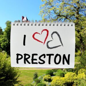 The I Love Preston notepad with Avenham park in the back.