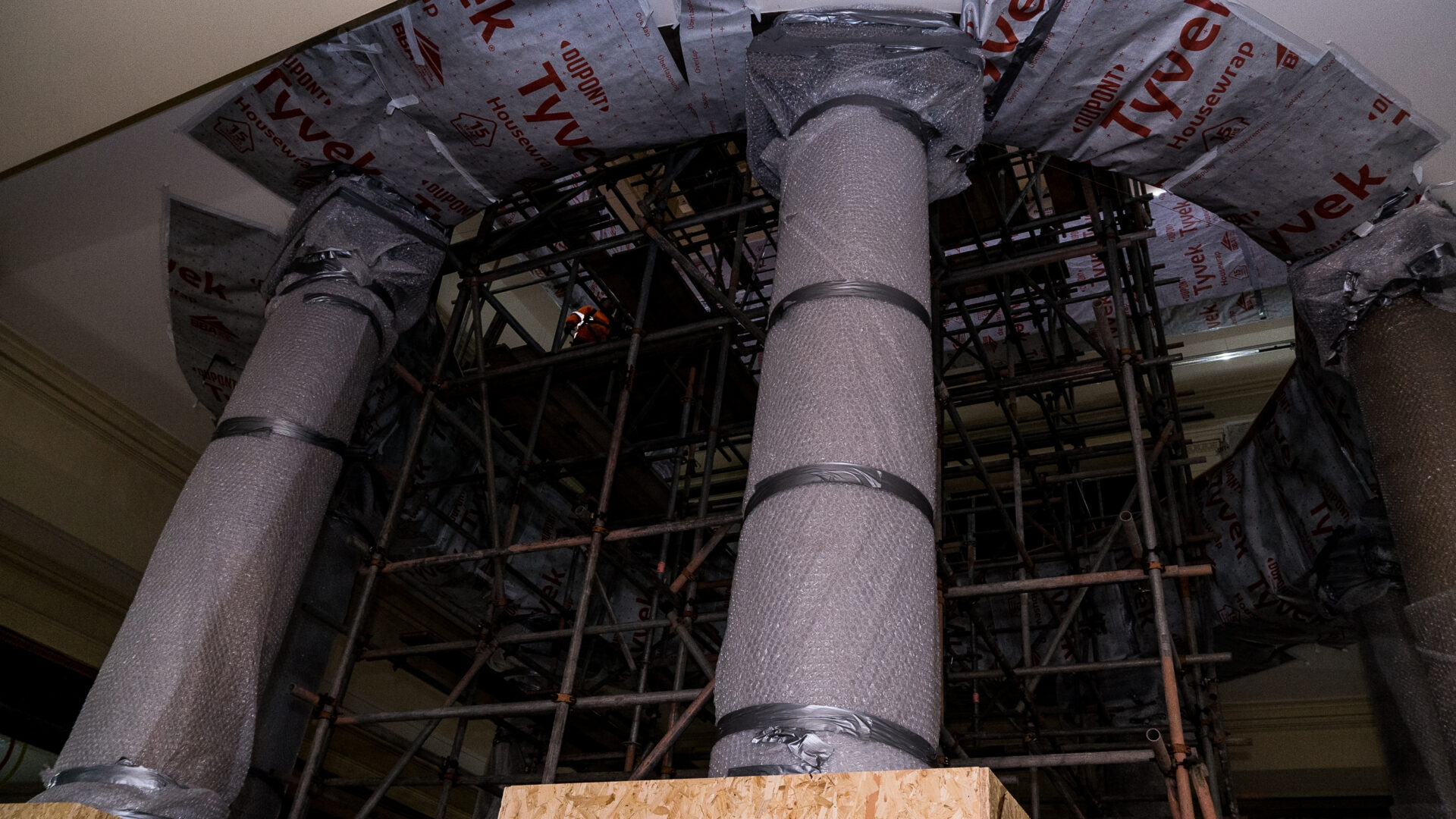 Image of scaffolding inside the Harris building