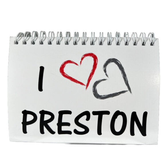 Image of a white notepad with 'I love Preston' written on it