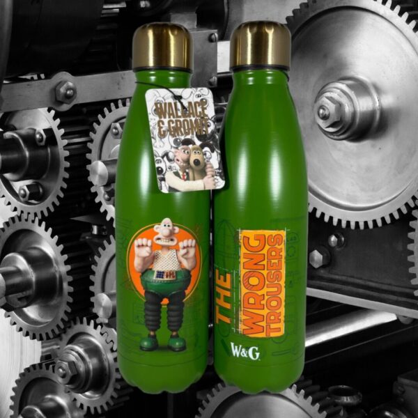 A green flask with mechanical cogs in the background.