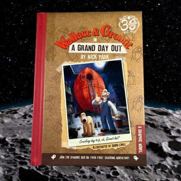 The front cover of A Grand Day Out with the moon in the background.