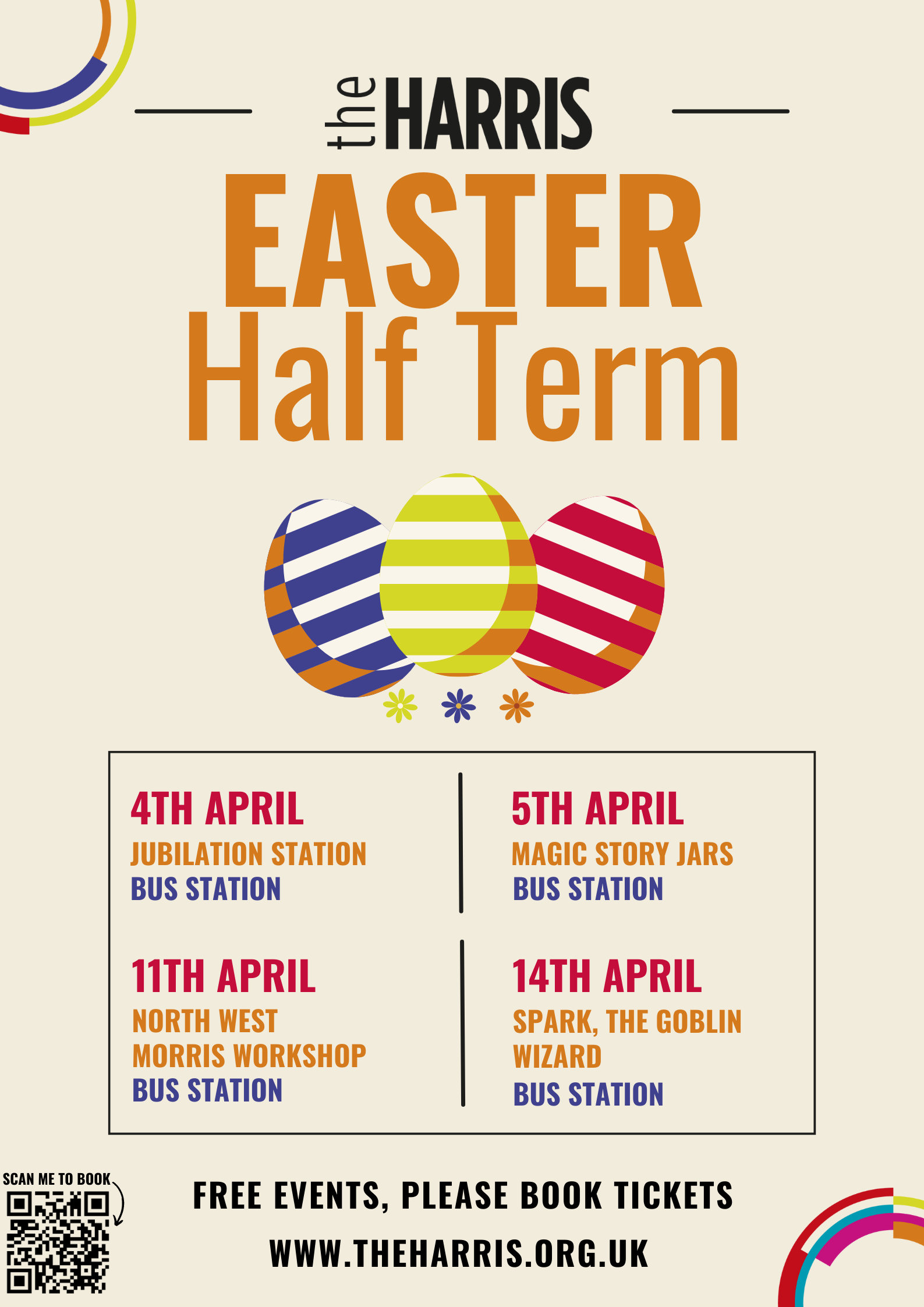 Colourful Easter graphic of the Harris half-term workshops taking place at the bus station.