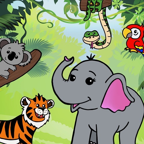 Image of jungle animals including an elephant and snake.