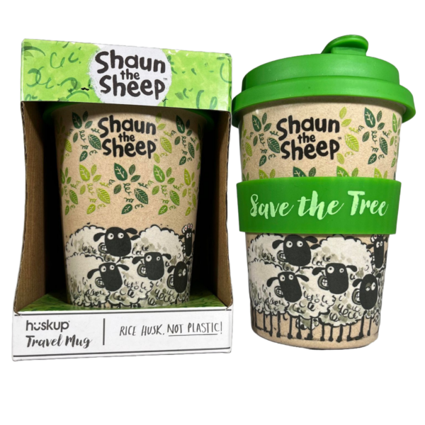 Image of a green and white illustrated Shaun the Sheep Huskup Travel Mug