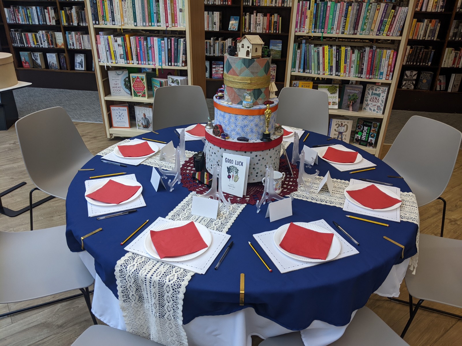 Image of a table decorated with red, white and blue
